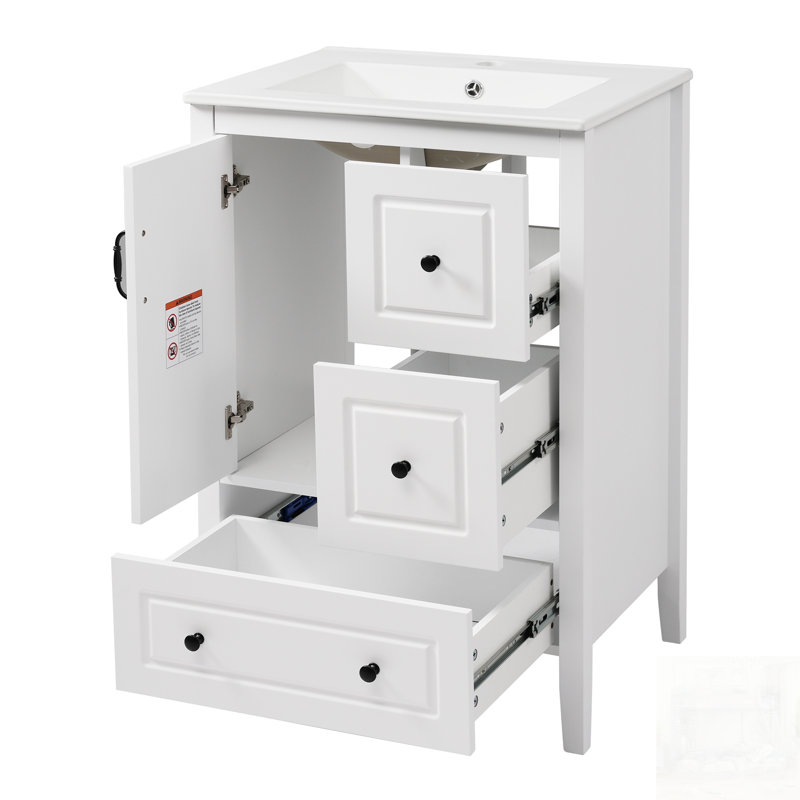Meuble-lavabo de salle de bain avec lavabo, tiroirs à fermeture en douceur, armoire et poignées en métal rétro, Blanc