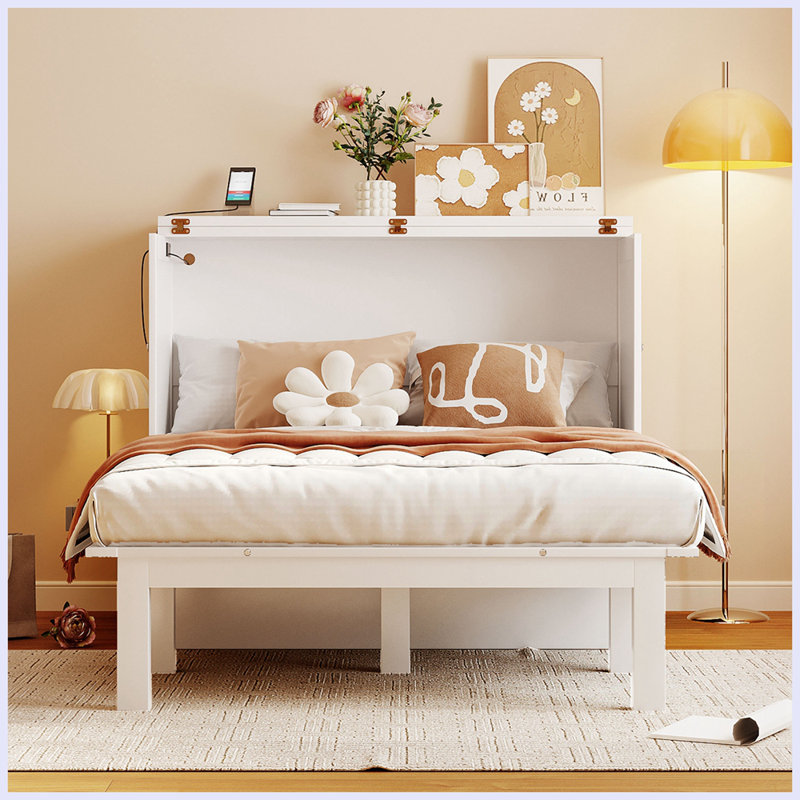 Marchagee Murphy Bed with USB Port and Removable Shelves on Each Side, Full, White