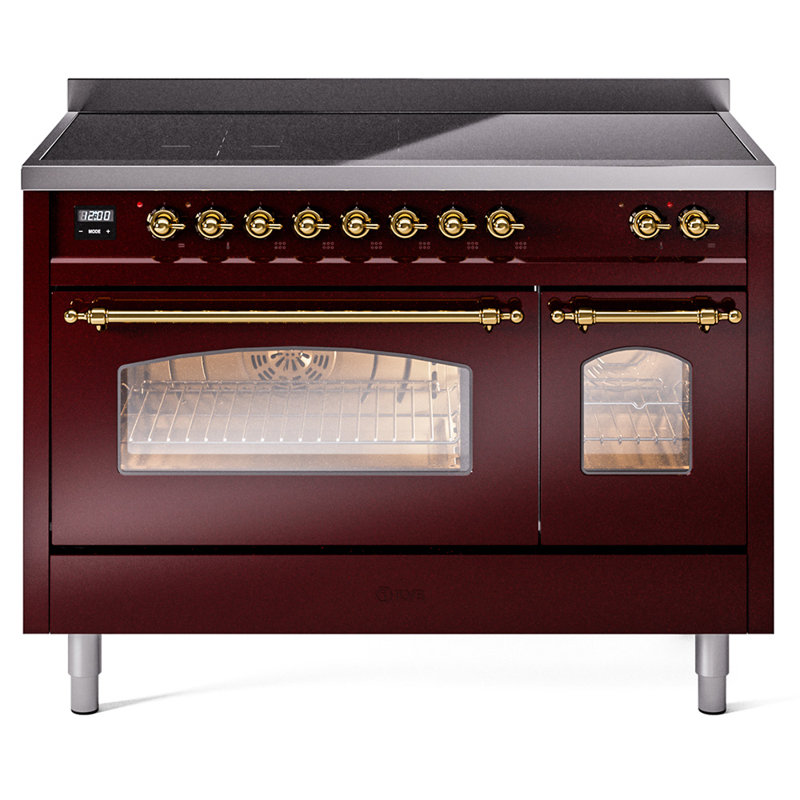 ILVE Nostalgie II Series 48 inch Induction Range with 6 Induction Elements (Glass Door), Burgundy/Brass