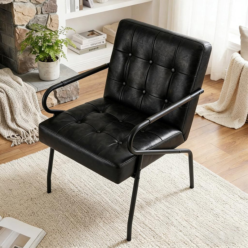 21.3 Wide  Mid-Century Modern Upholstered Leather Accent Chair  Tufted Metal Frame Lounge Armchair with Thick Cushion, Black