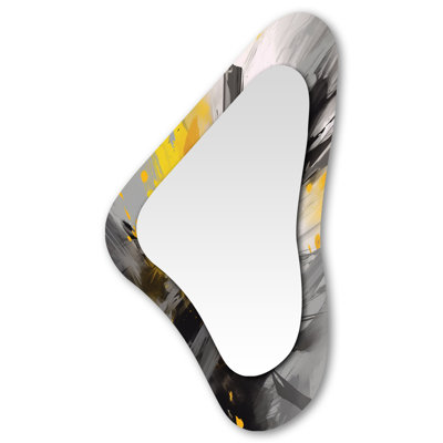 Barrister Yellow Grey Vibrant Swirls II - Geometric Asymmetrical Unique Mirror, Yellow Irregular Shape Large Wall Mirror, Printed Metal Art