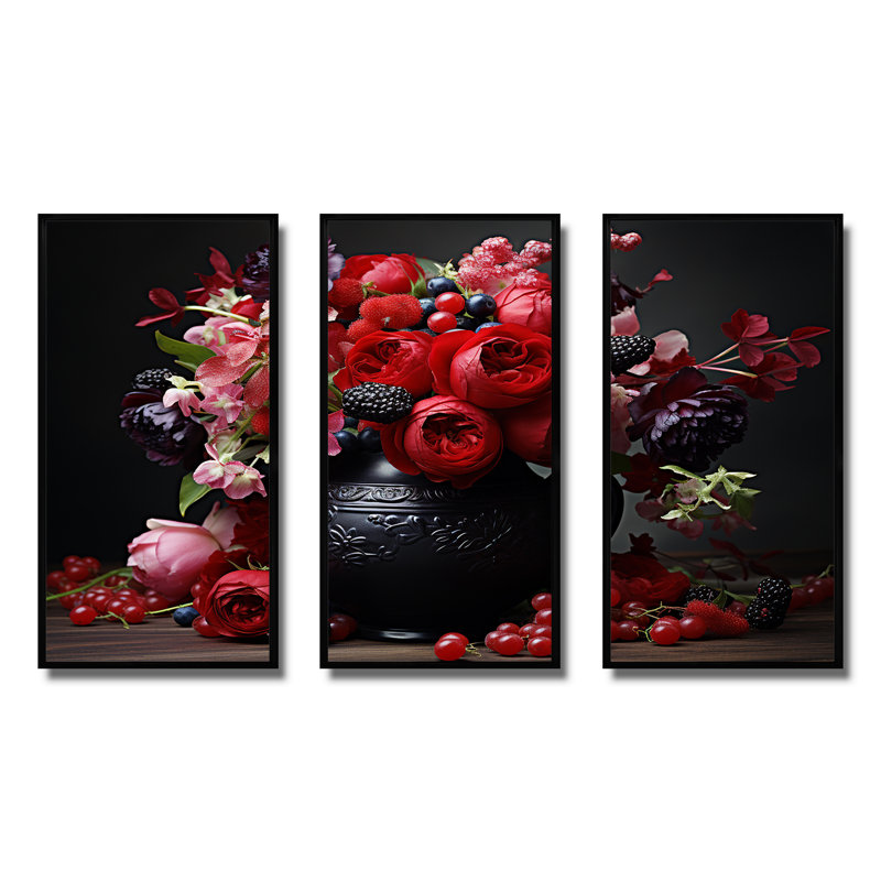 Décoration florale rouge en pot de style gothique - Boho Pottery, Cadre flottant noir, H 40 po x l 60 po