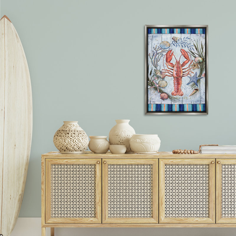 «Coastal Wreath & Lobster» par Geoff Allen, H 31 po x l 21 po, Cadre flottant métallique doré