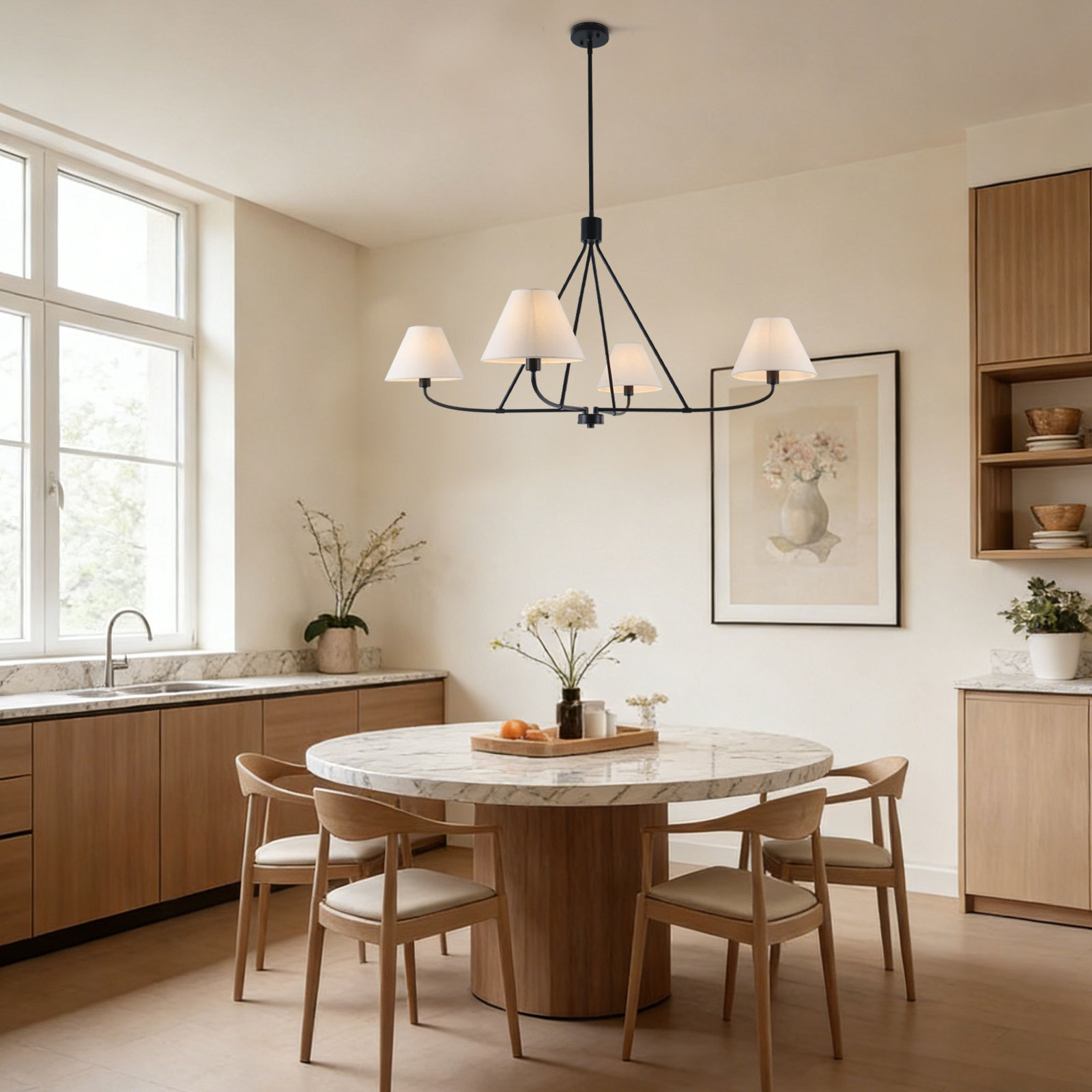 Lidia 4-Light Dimmable 47.2’’ W Classic/ Traditional Fabric Dining Room Chandelier, Matte Black