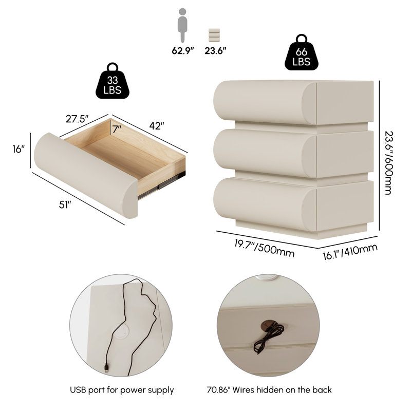 Modern White Leather Smart Nightstand with Wireless Charger and Drawers