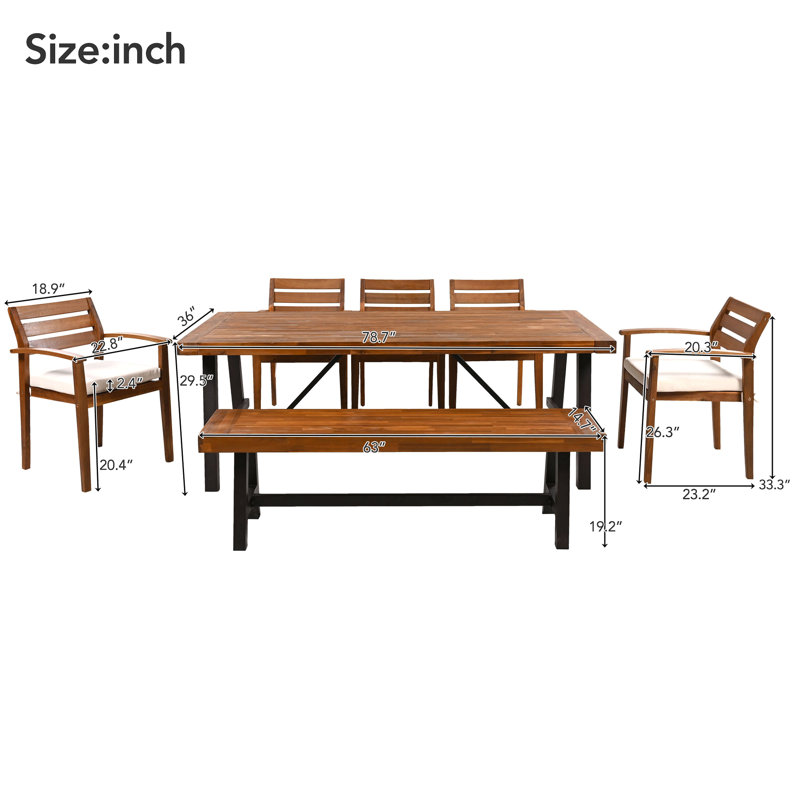 Outdoor Wood Dining Set For 7-8 Person, Outdoor Dining Furniture With Removable Cushions, Ergonomic Chairs And Bench, Thicker Table, Nature