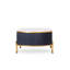 Table basse moderne et élégante avec plateau en pierre frittée blanche et grise, décorations dorées, tiroir, structure en bois, pieds en acier inoxydable, résistante à la chaleur et aux taches, finition mate foncée.