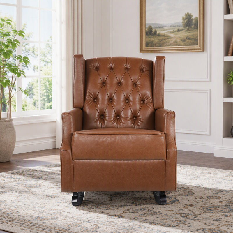 Chaise berçante, fauteuil à bascule avec dossier à oreilles, fauteuil avec cadre en bois massif et accoudoirs