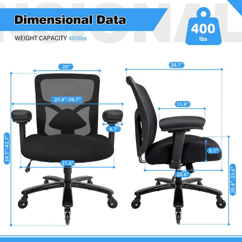 500LBS Big and Tall Mesh Office Chair,Adjustable Executive Office Chair with 4D adjustable Armrests&Back Reclining