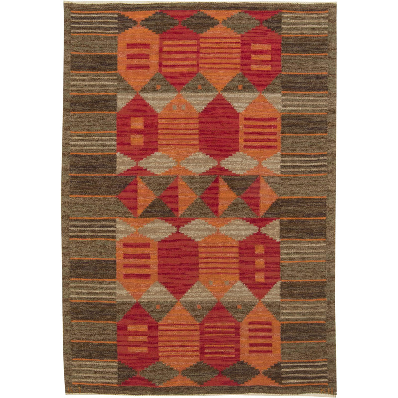 Tapis rouge / brun Vintage Mid-Century tissé à plat par Karin Jönsson