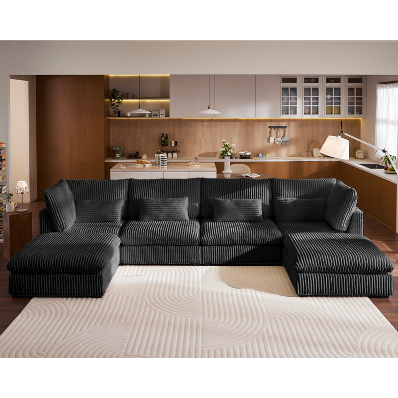 Cloud Oversized Modular Sofa, 160" Corduroy Wide Seat Sectional with Reversible Chaise, Shaped Couches Modern Comfy Fluffy Cushion Sleeper Sofa Bed with Convertible Ottoman for Living Room 6 Seater