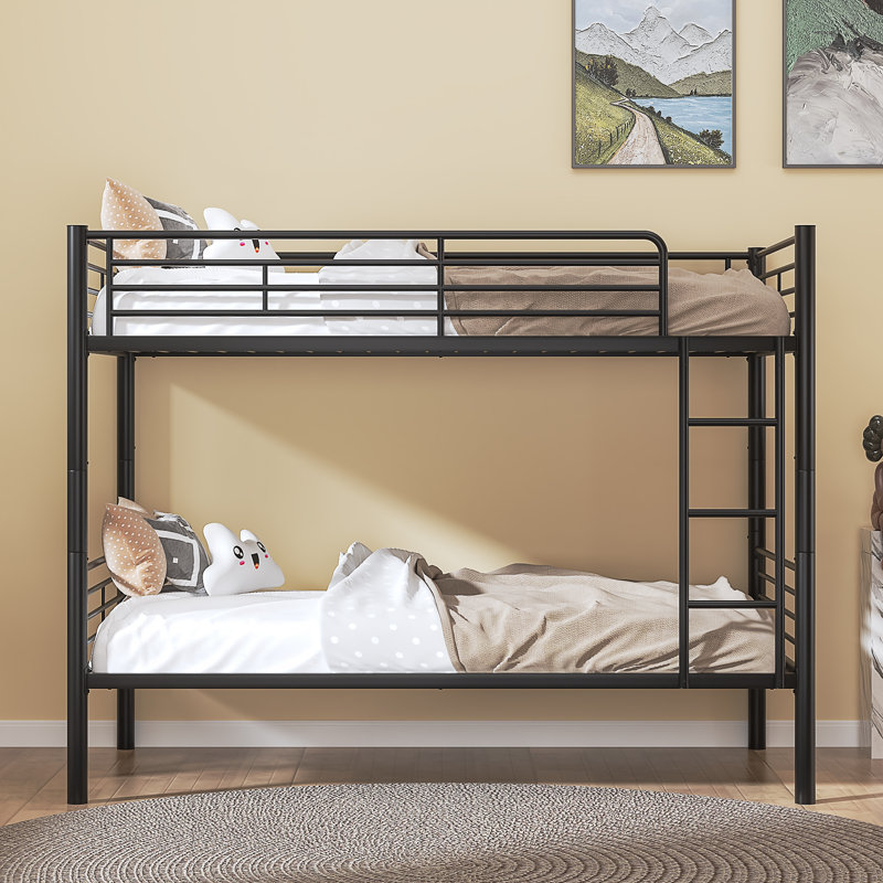 Single(3') Bunk Bed, Single Over Single Loft Bed Frame With Ladder And Safety Guardrail, Home Bedroom Dormitory Space-Saving Twin High Sleeper Beds