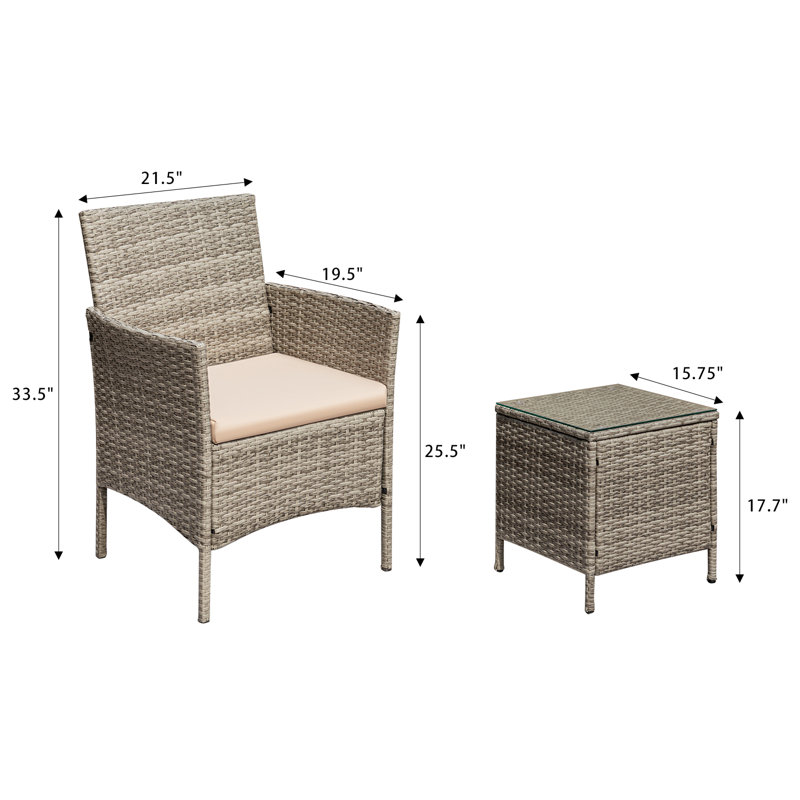 Ensemble de conversation en rotin avec coussins 3 pièces, Beige, Gris clair