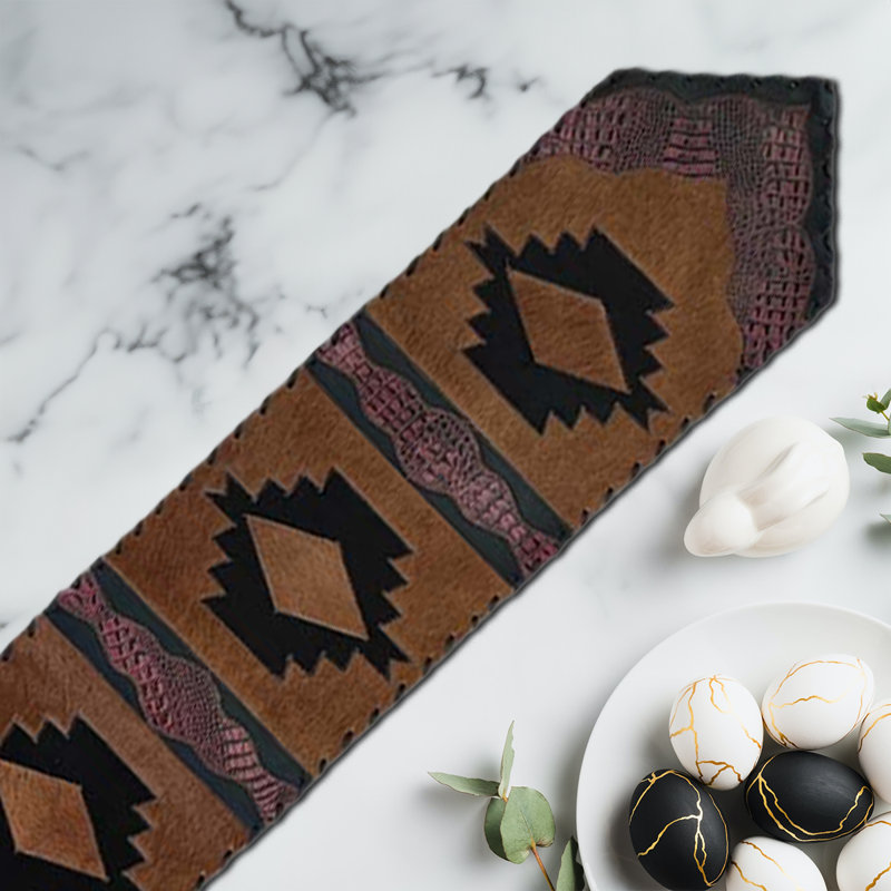 Cowhide & Leather Table Runner, 120" L x 12" D, Black/Brown/Red