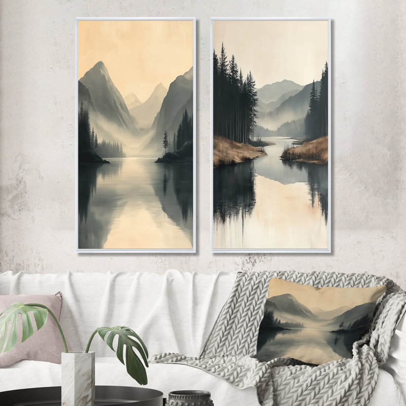 Ensemble de 2 pièces d'art mural gris, paysage d'hiver en Norvège, H 32 po x l 32 po, Cadre flottant blanc