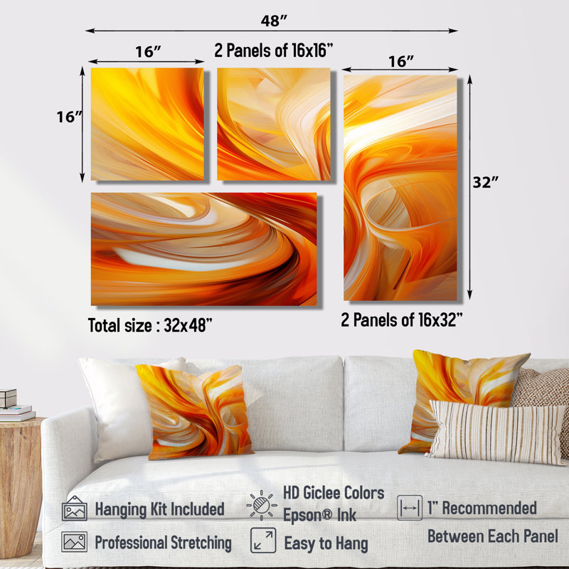 Orange Abstract Warm Fractal Design VII - Orange Wall Decor 4 Pieces, Black, Framed Print without Mat