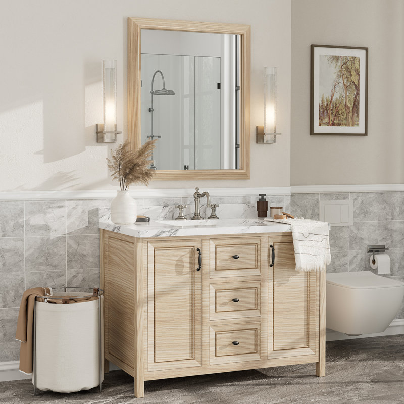 Amara Tempered Glass Mounted Wall Mirror, 36" x 30", Light Yellow Wood