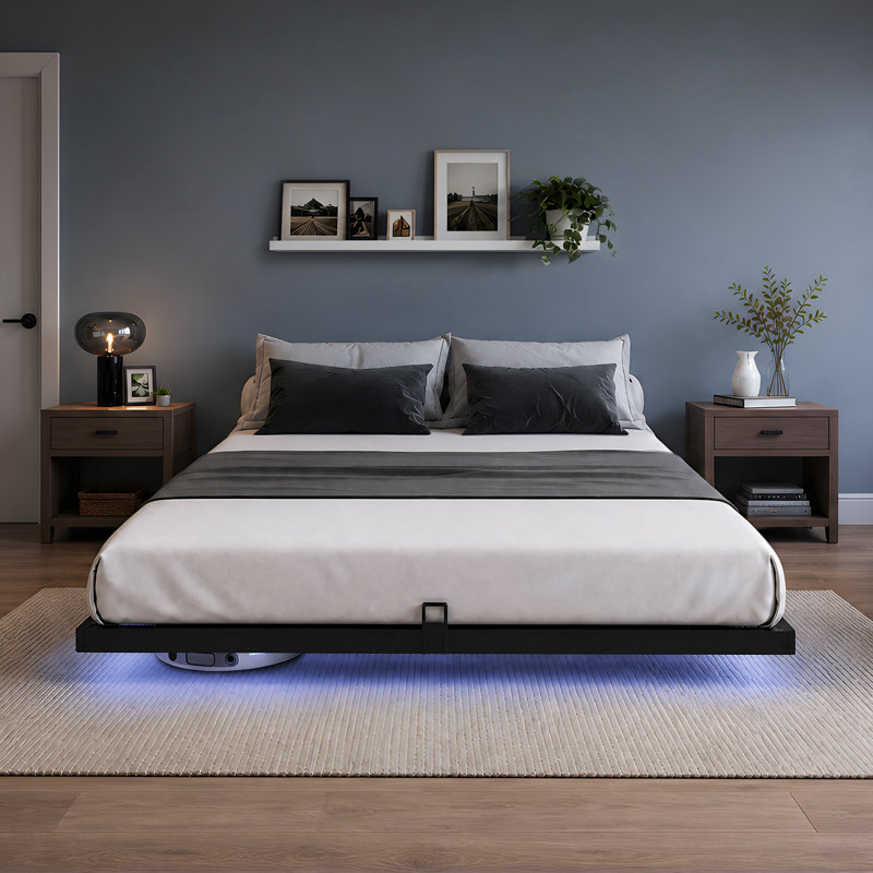Cadre de lit flottant en métal avec éclairage DEL réglable et espace de rangement sous le lit de 16,3 cm, Queen