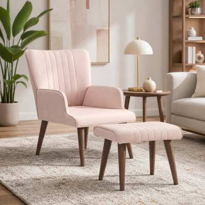 Marc Tufted Linen / Velvet Upholstered Lounge Chair and Ottoman with Wooden Legs