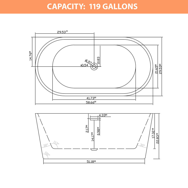 58.66 Inch Freestanding Acrylic Bathtub Dimension Blueprint