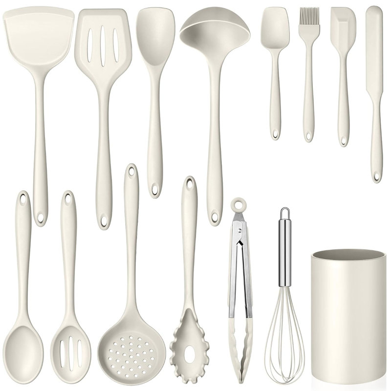Ensemble de 15 ustensiles de cuisine en silicone, blanc.