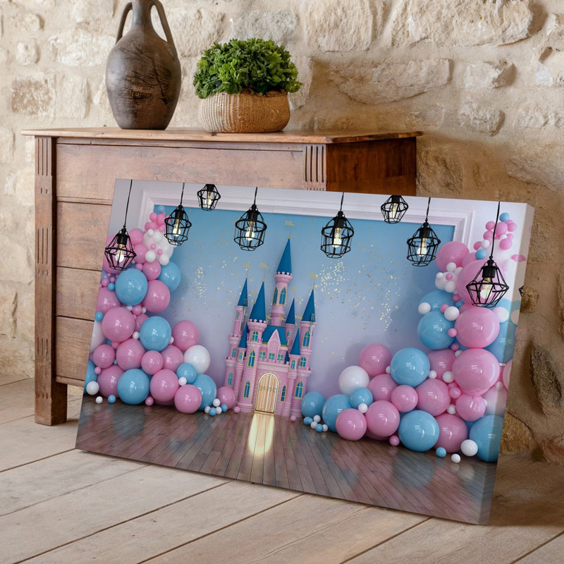 Toile, toile de fond fantaisiste avec château de couleur pastel avec art mural, tours bleues entourées d'une toile