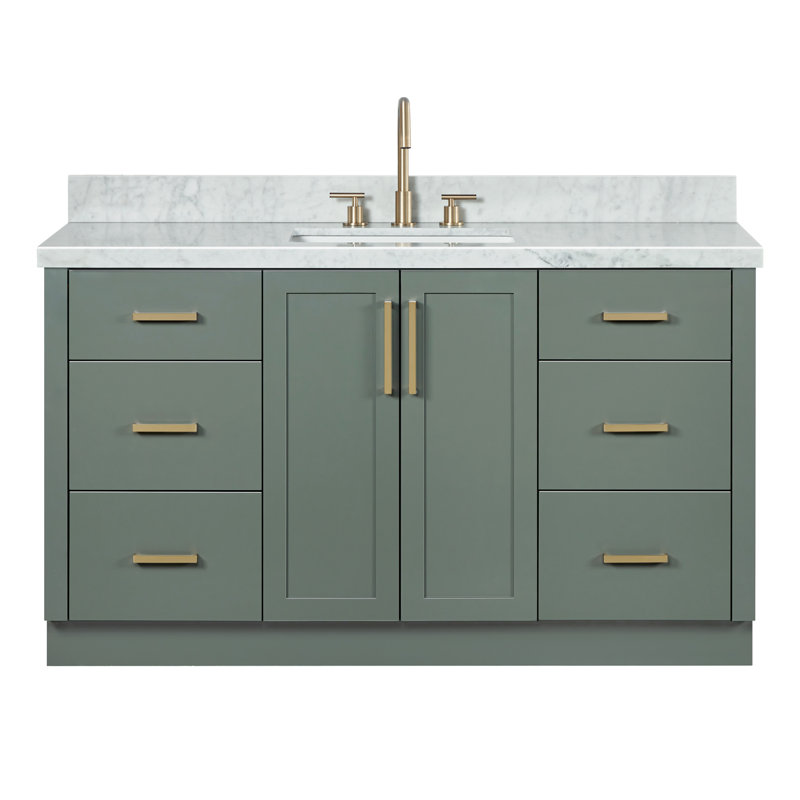 Meuble-lavabo rectangulaire simple de 155 cm avec comptoir en marbre blanc de Carrare de 3,8 cm d'épaisseur, couleur vert vintage