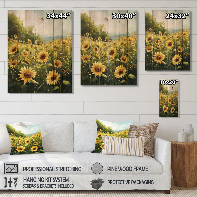 Yellow Summer Sunflower Meadows - Sunflowers Wood Wall Art - On Natural Pine Wood, 20" H x 10" W x 0.78" D