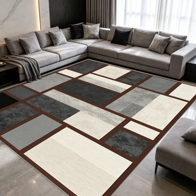 Tapis gris et beige Blocks pour le salon, doux et confortable, convient à toutes les saisons, facile à entretenir, tapis de sol intérieur lavable à la machine, sous la table de ferme convenant à la chambre à coucher, à la salle à manger, au bureau, au balcon, au patio de décoration intérieure