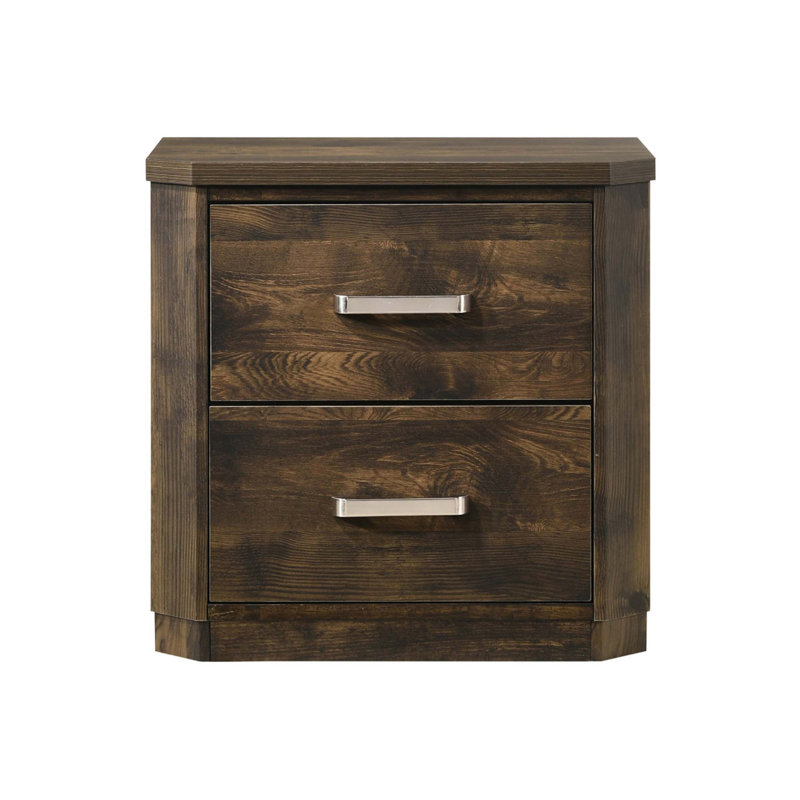 Table de chevet en bois exquise avec deux tiroirs spacieux, avec des panneaux rainurés uniques et des poignées rectangulaires pour un ajout de chambre à coucher intemporel