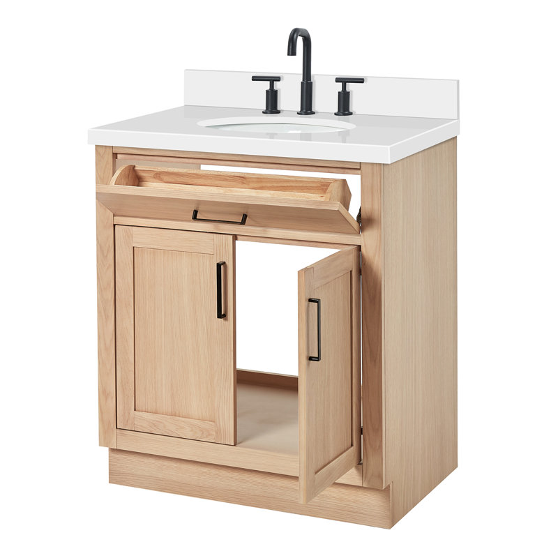 Meuble-lavabo simple 30 po en bois massif avec plateau en quartz 1,5 po Thornaby, Chêne naturel / noir mat, Ovale