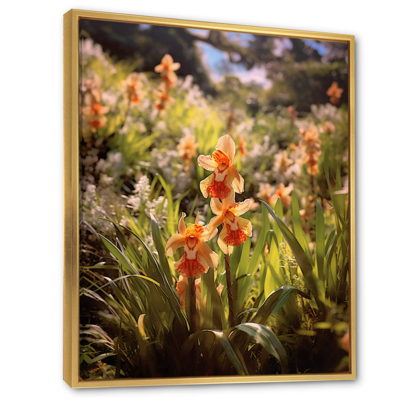 Orange, orchidées exotiques, vert, élégance, Cadre flottant doré, H 44 po x l 34 po x P 1,5 po