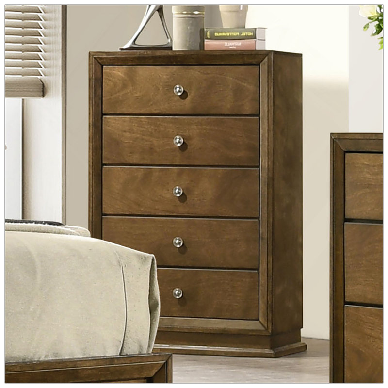 Mobilier de chambre à coucher style transitionnel 1 pièce avec 5 tiroirs en queue d'aronde et boutons en métal finition noyer