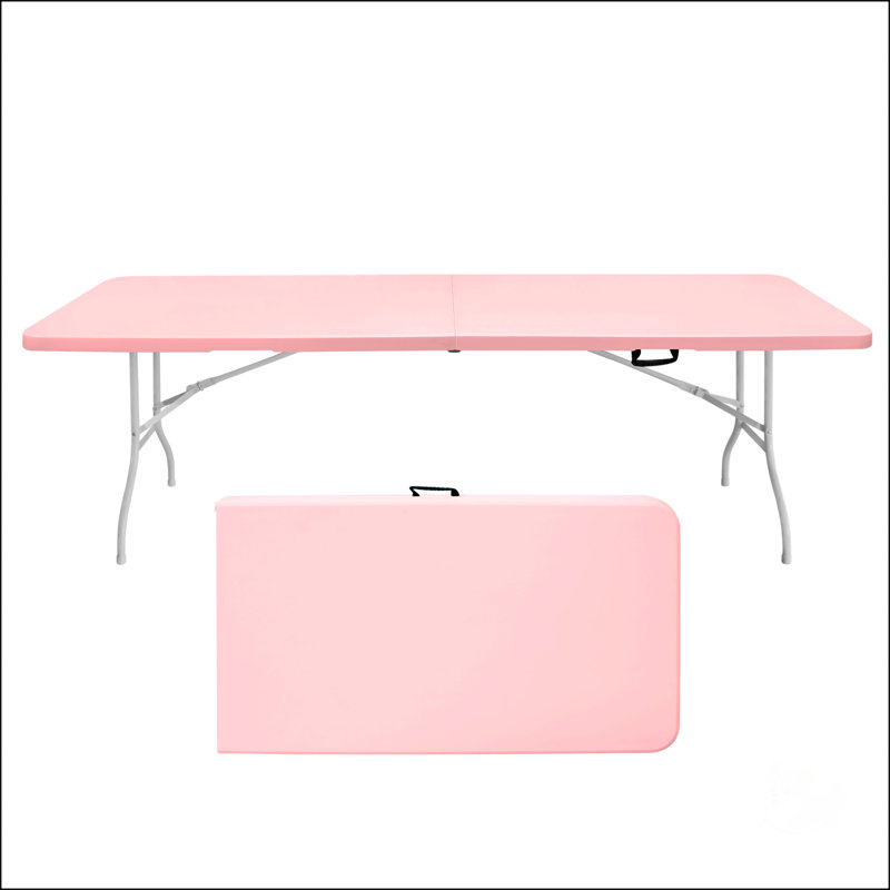 8Ft Pink Portable Folding Table, High Load Bearing, Waterproof Surface For Camping And Events, 28.46" H x 95.98" L x 30" D