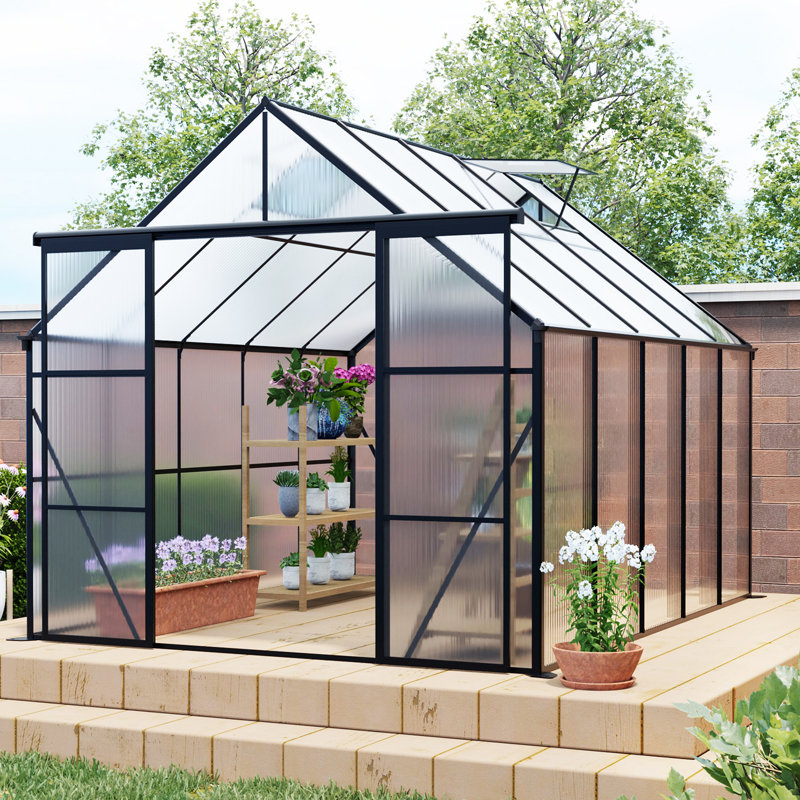 8X10ft Double Door Polycarbonate Greenhouse Raised Base And Anchor Aluminum Heavy Duty Walk-In Greenhouses, Black