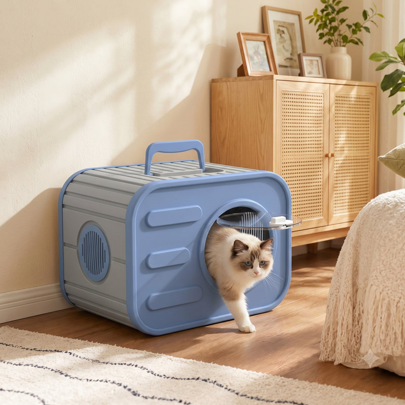 Cube Cat House - Lit pour animal de compagnie semi-fermé avec poignée supérieure et ventilation, Gray/Blue
