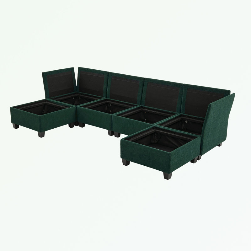 Canapé modulaire en U avec repose-pieds avec rangement, Mélange de polyester émeraude