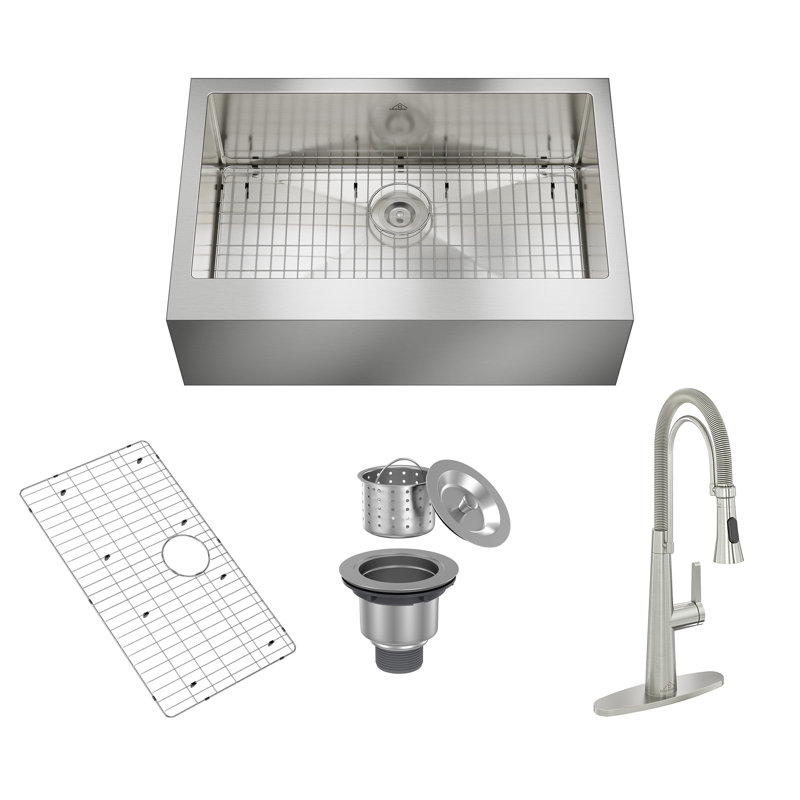 Évier de cuisine de ferme L 33 po x l 22 po avec robinet, grille en acier inoxydable, Nickel brossé