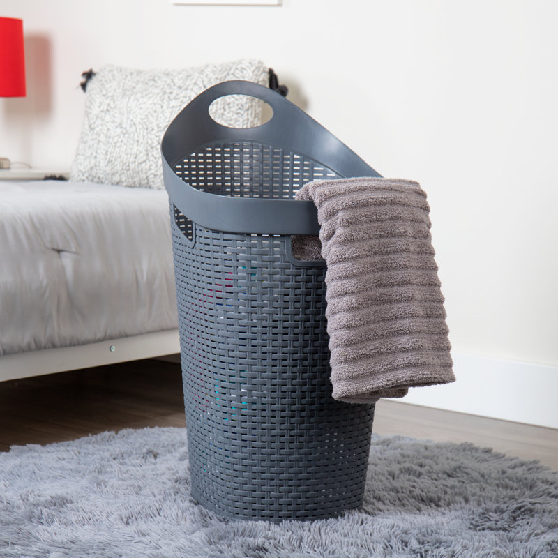  60L Rolling Laundry Hamper, Clothes Basket, Wheels, Wicker Style, Plastic, 19.5"L x 14.75"W x 29.25"H, Gray