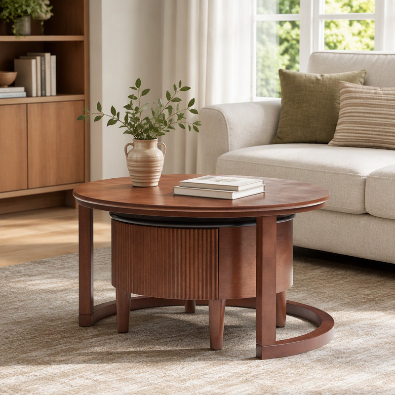 Table basse gigogne ronde vintage avec tiroir en noyer de 31,5 po