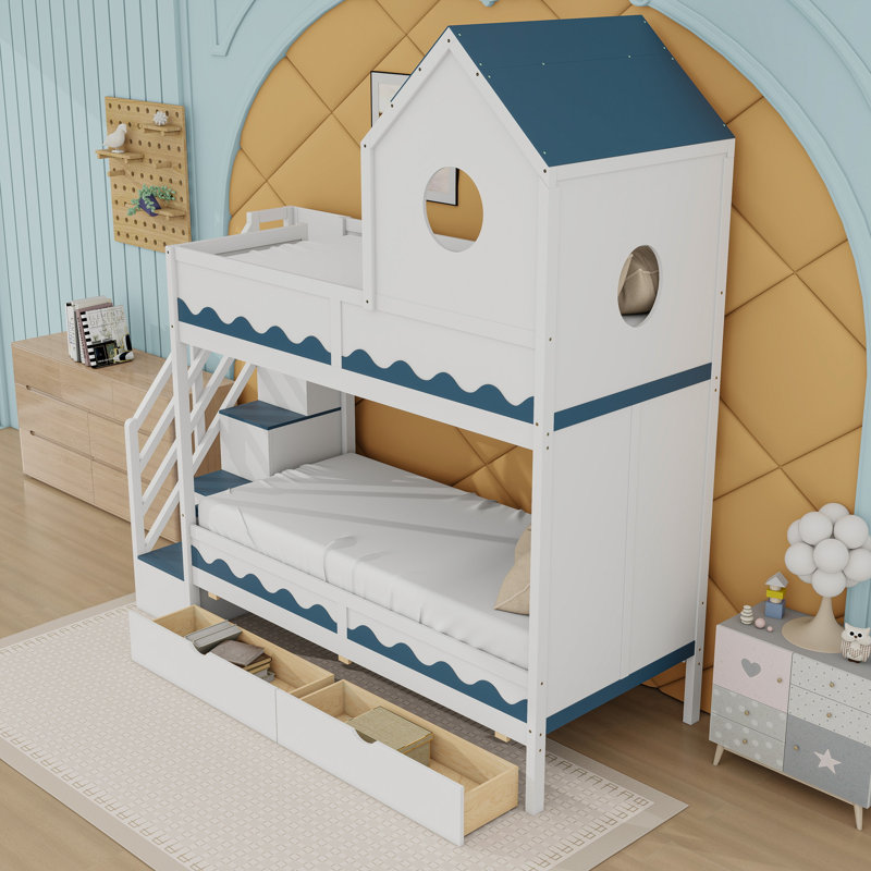 Lit simple au-dessus de simple en bois avec lumière DEL, 2 tiroirs et tablettes, Blanc