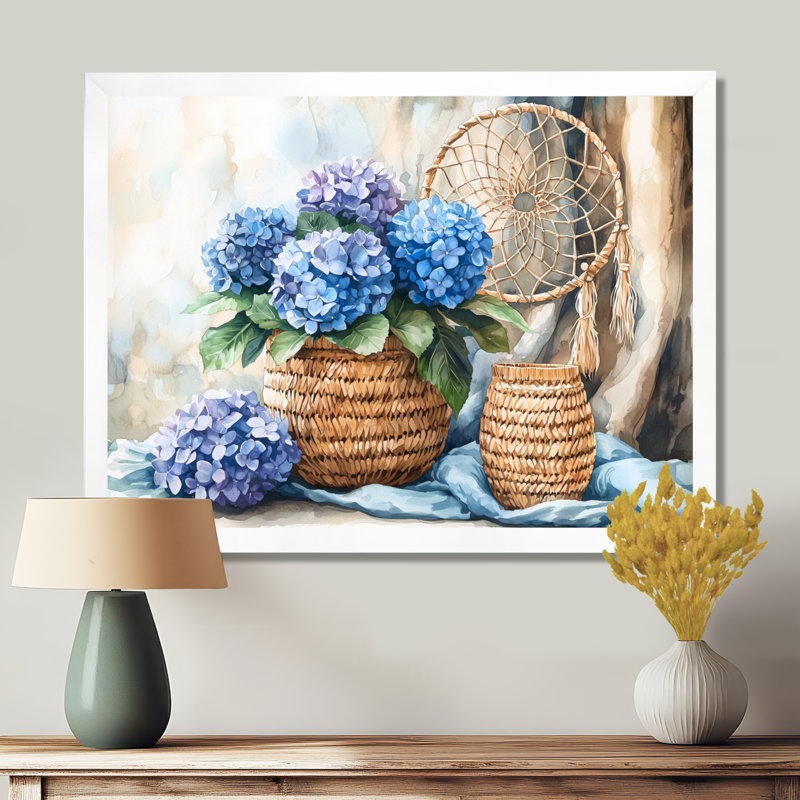«Boho Blue Hydrangea Bliss I», art mural grand hortensia, Impression d'un seul cadre photo, H 16 po x l 32 po, Blanc