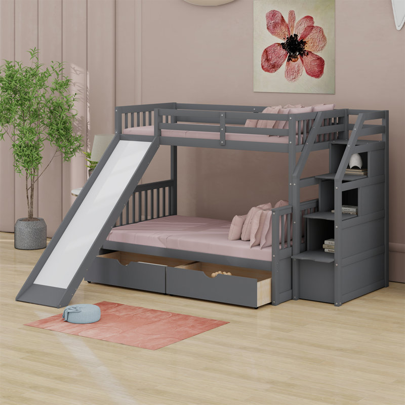 Lit superposé avec tiroirs, rangement et glissade, Grey