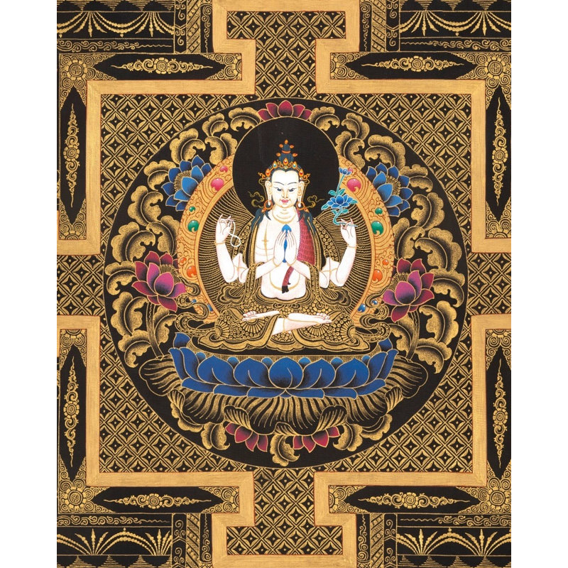 Chengrezig Mandala Black Background (Brocadeless Thangka)