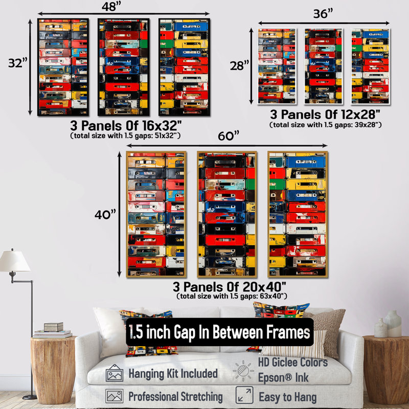 Colourful Colorful Art Melodic Tapes V - Cassette Tapes Art mural, Cadre flottant doré, H 40 po x l 60 po x P 1 po