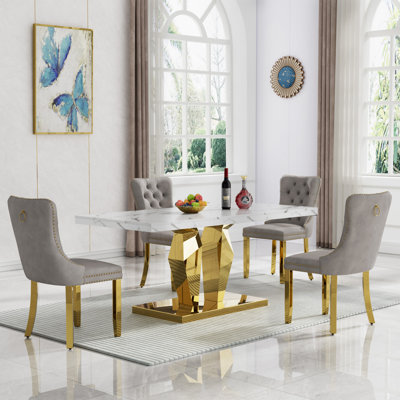70" Faux Marble Dining Table Set for, White Dining Room Table with Velvet Dining Chairs, Modern Kitchen Table and Chairs Set, Luxury Dining Table Set for Kitchen Dining