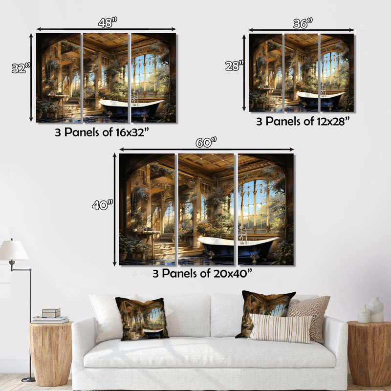 «Bathroom Golden Luxe II», reproduction sur toile 3 pièces, H 32 po x l 48 po x P 1 po