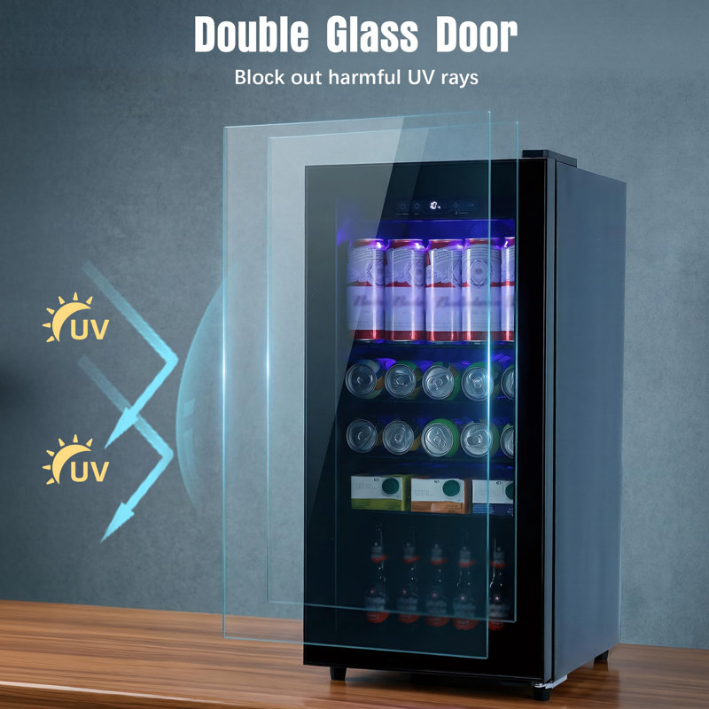 Réfrigérateur à boissons, mini-réfrigérateur noir autoportant de 4 pieds cubes avec porte vitrée de 160 canettes, contrôle de la température réglable et lumière DEL bleue pour le bar à vin Soda