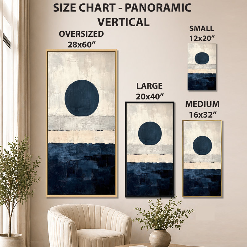 «Blue Beige Midnight Circle Horizon III», reproduction d'art encadrée rétro sur toile, H 32 po x l 16 po, Cadre flottant doré