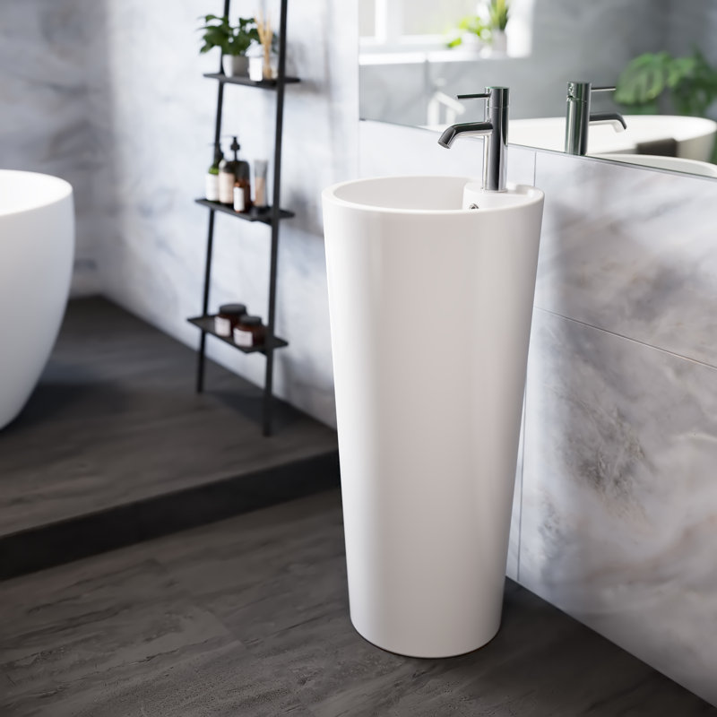 Swiss Madison Monaco 33.44'' Tall Glossy White Ceramic Circular Pedestal Bathroom Sink with Faucet and Overflow